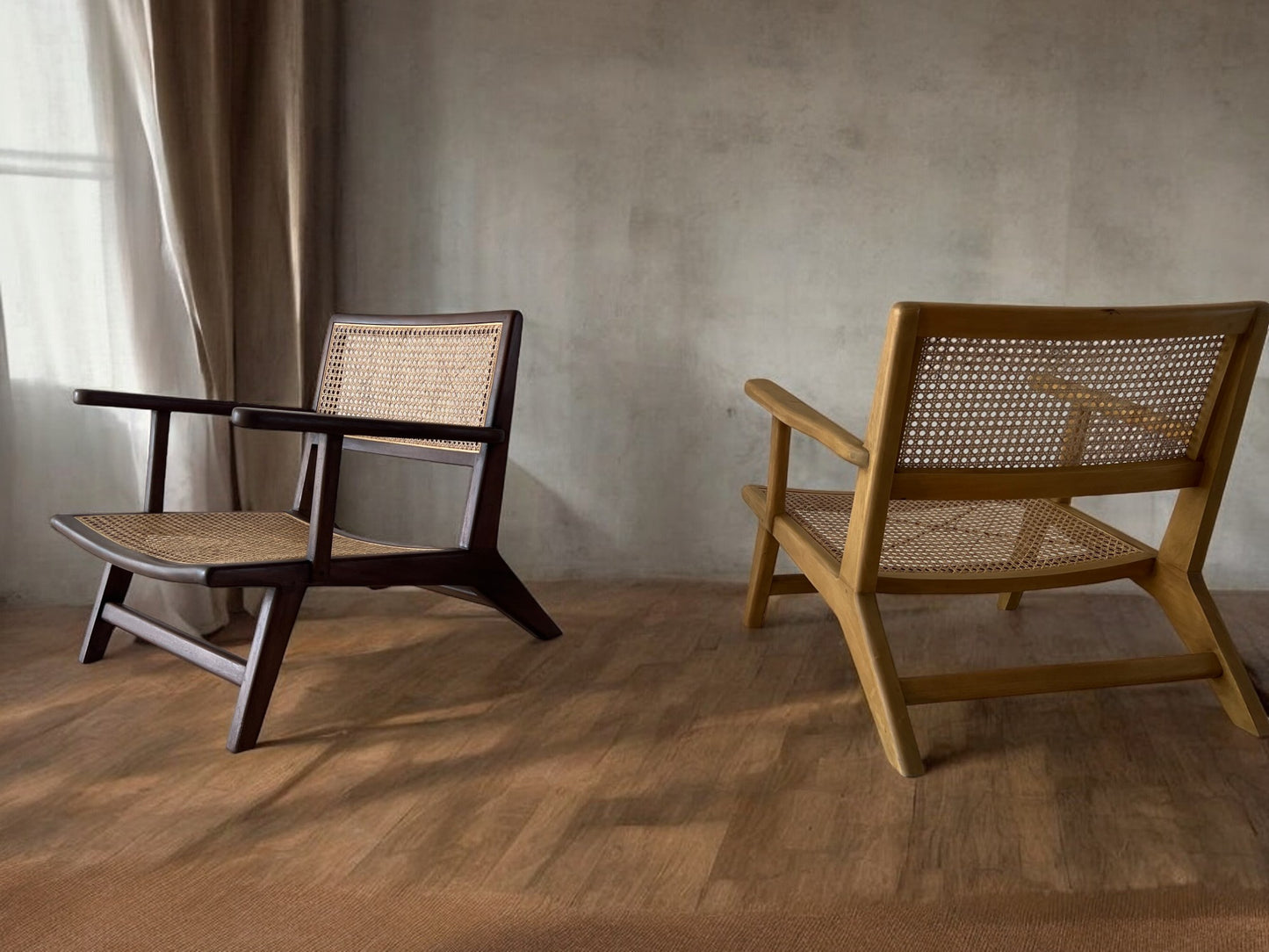 Handcrafted Indonesian furniture displayed in a serene living room setting, highlighting natural wood textures and minimalist design.