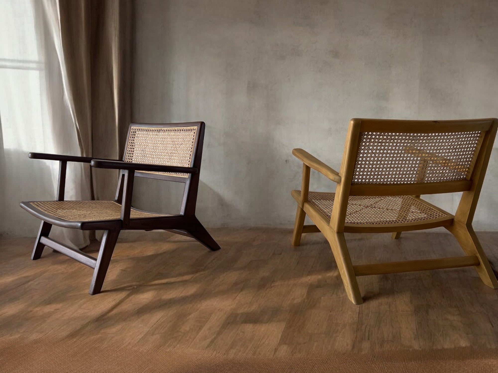 Handcrafted Indonesian furniture displayed in a serene living room setting, highlighting natural wood textures and minimalist design.